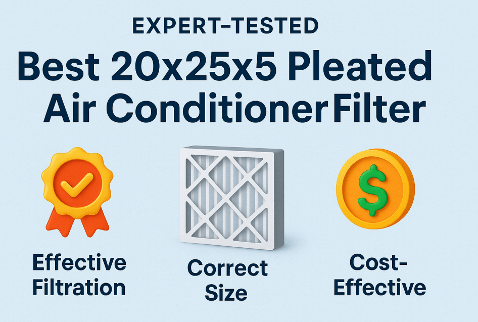 Horizontal infographic titled "Best 20x25x5 Pleated Air Conditioner Filter," featuring 3D icons for effective filtration, correct size, and cost-effectiveness on a light blue background with clean, modern typography.