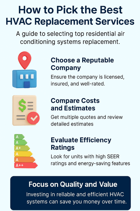 How to Pick the Best HVAC Replacement Services Near You | Residential Air Conditioning Company Cost & Prices – Orange City, FL 2 Vertical infographic titled "How to Pick the Best HVAC Replacement Services," featuring 3D icons and tips on choosing a reputable company, comparing costs, evaluating efficiency ratings, and focusing on quality and value for residential air conditioning replacements.