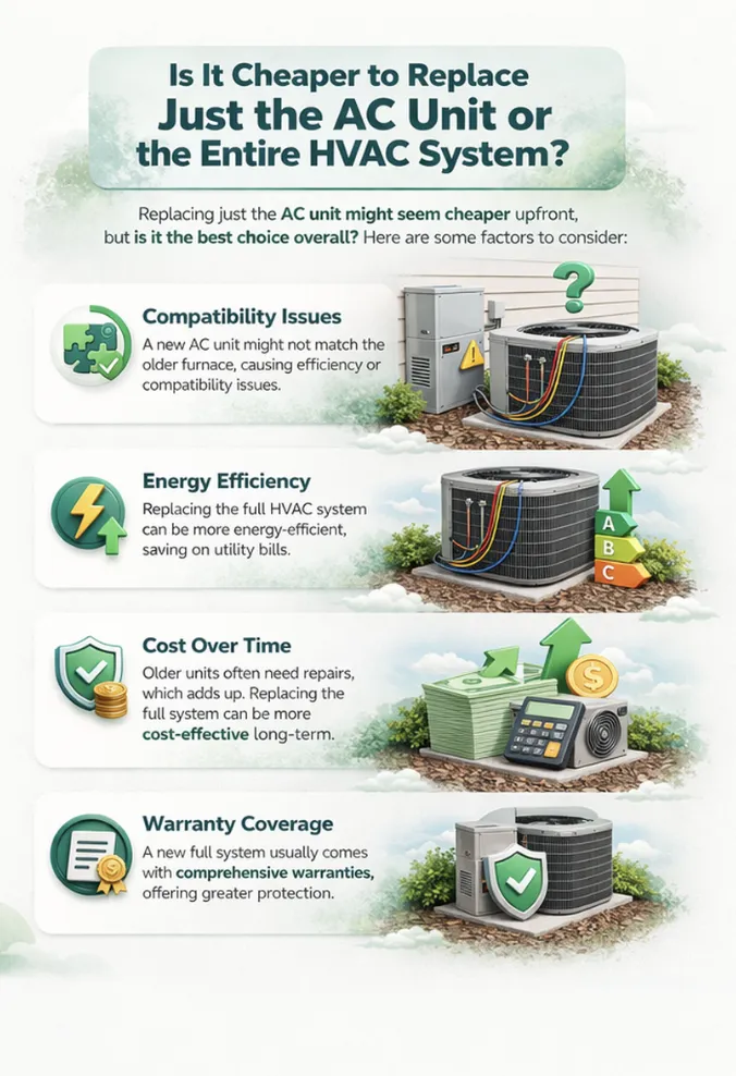 Is It Cheaper to Replace Just the AC Unit or the Entire HVAC System? 2 Infographic explaining central AC replacement vs full HVAC system replacement including cost, efficiency, and long-term savings factors.