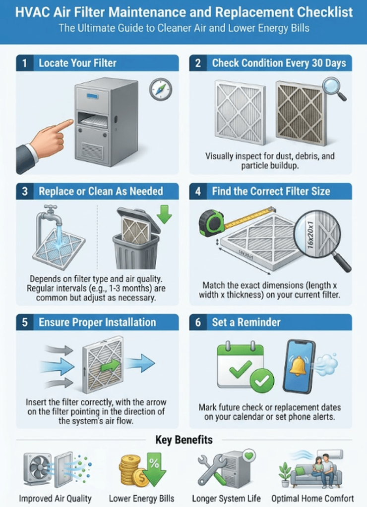 The Ultimate HVAC Air Filter Maintenance and Replacement Checklist: A Homeowner's Step-by-Step Guide to Cleaner Indoor Air, Lower Energy Bills, and a Longer-Lasting System 2 Infographic of HVAC Air Filter Maintenance and Replacement Checklist – The Ultimate Guide to Cleaner Air and Lower Energy Bills