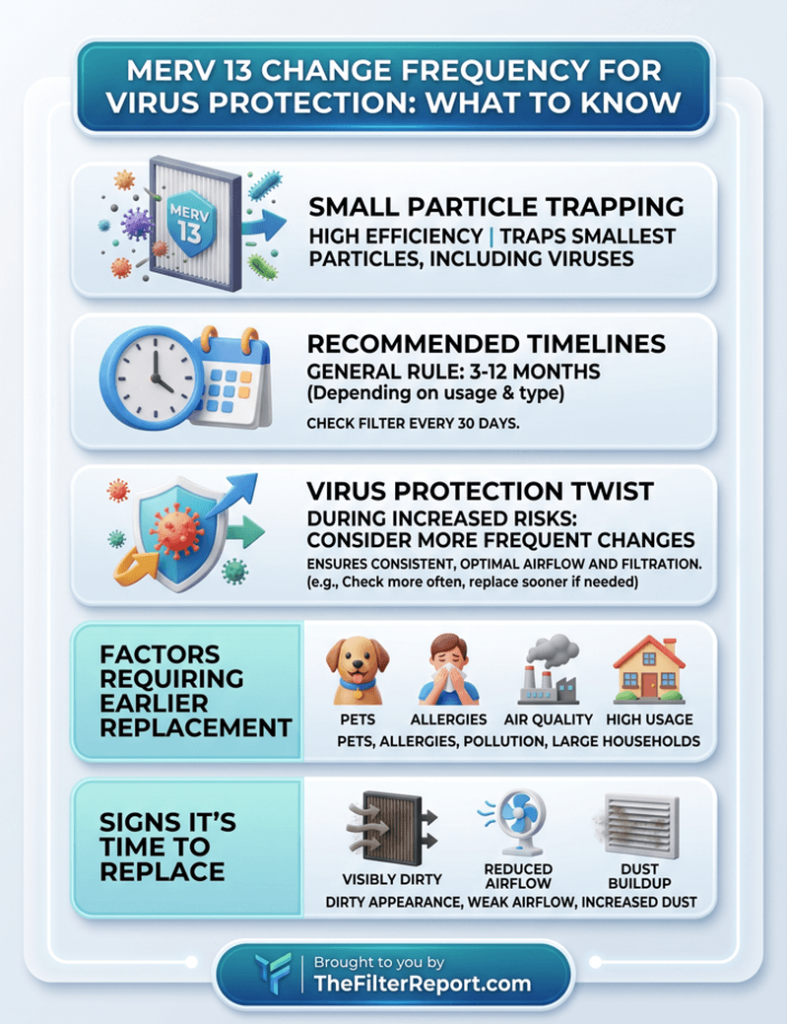 MERV 13 Filter How Often To Replace: Signs MERV 13 Filter Needs Changing, What Happens If You Don't Change MERV 13 Filter, And How Often Should I Change My MERV 13 Filter For Virus Protection 2 Infographic of MERV 13 Change Frequency for Virus Protection: What to Know.