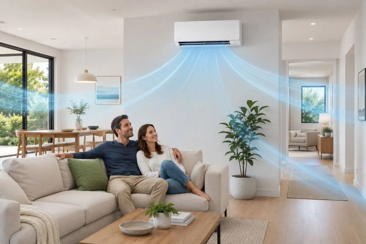 Happy couple relaxing in a modern open-concept home as a wall-mounted mini split air conditioner distributes cool airflow through multiple rooms for efficient whole-home cooling without ductwork.