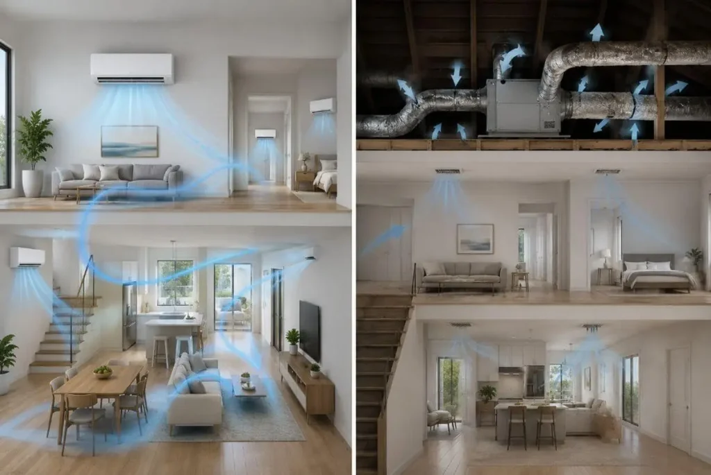 Best Mini Split for Garages & Older Homes — What HVAC Experts Really Recommend in 2026 2 Split-screen comparison of efficient ductless mini split cooling throughout a modern home versus an older ducted HVAC system losing cooled air through leaky ducts, illustrating how to choose the best mini split air conditioner of 2026 for whole-home comfort without ductwork.